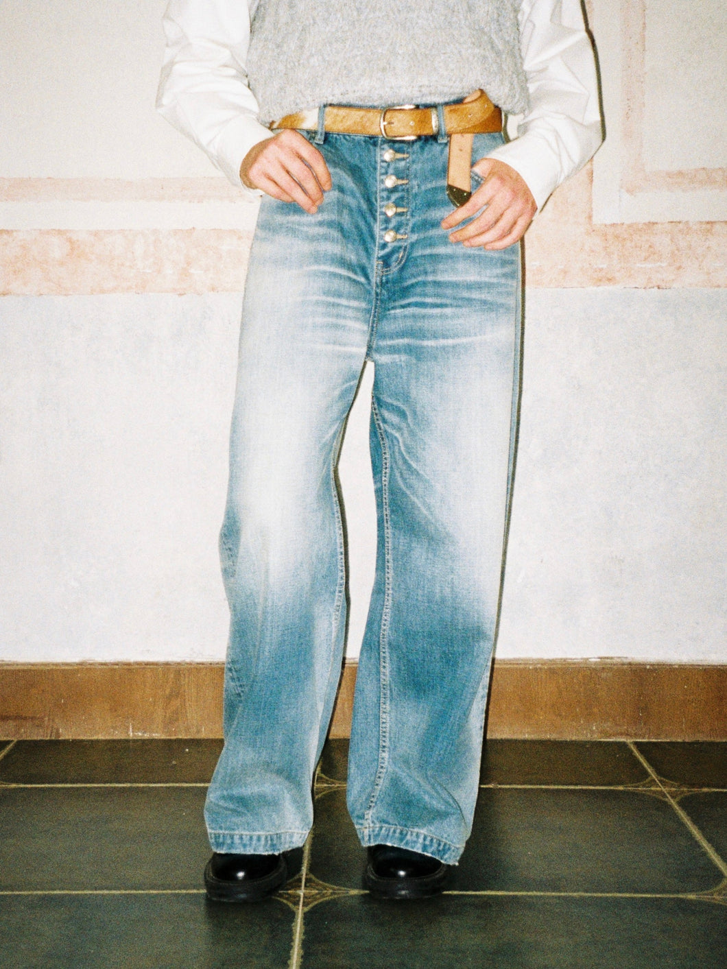 Mid-High Waist Distressed Jeans